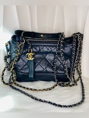 CHANEL Gabrielle Dark Blue Quilted Leather Shoulder Bag with Gold-Tone Chain